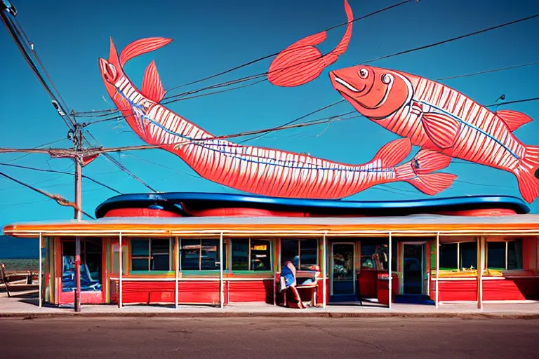 Image similar to 2 0 1 5 fish themed underwater american diner, googie architecture, two point perspective, americana, fishcore, restaurant exterior photography, 8 5 mm, taken by alex webb