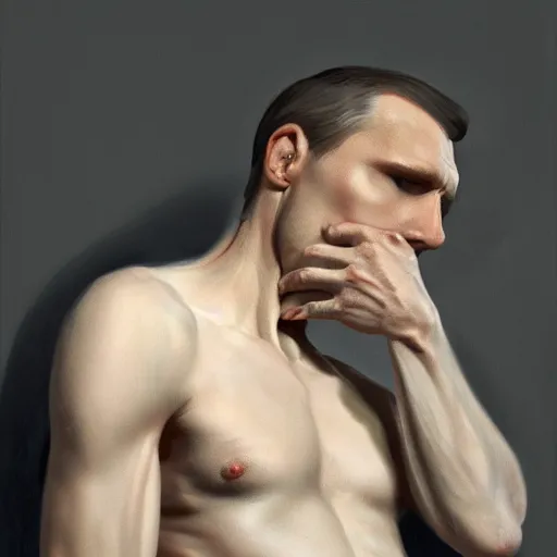 Image similar to Jerma thinking and pondering with his hand on his chin hunched over, Realistic, Hyperrealistic, Highly Detailed, Very Detailed, HD Quality, 8k Resolution, Digital Art, Oil Painting, Trending on Artstation, Real Life