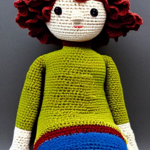 Prompt: crochet Philip Glass doll