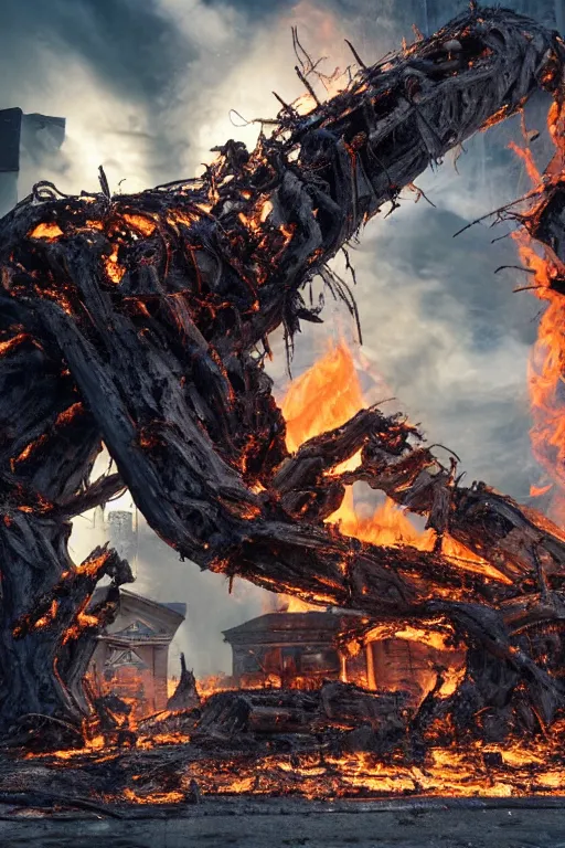 Image similar to techological leviathan attacking the burned out husk on home depot, cinematic lighting, global illumination radiating a glowing aura