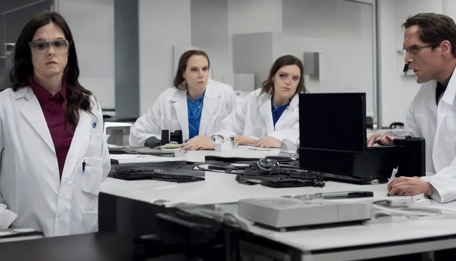 Image similar to big budget action movie about female scientist confronts male ceo about robot photographs