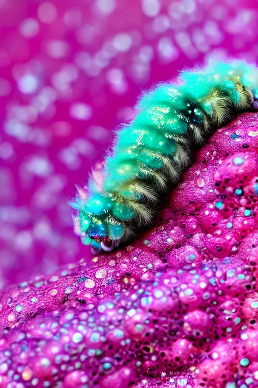 Image similar to high quality close-up photo pearlescent fluffy caterpillar! gorgeous highly detailed hannah yata elson peter cinematic pink lighting high quality low angle hd 8k sharp shallow depth of field