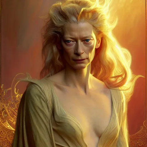 Image similar to young adult tilda swinton as lucifer morningstar, long blond hair, natural lighting, path traced, highly detailed, high quality, digital painting, by gaston bussiere, craig mullins, alphonse mucha j. c. leyendecker