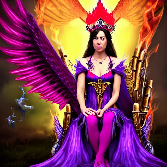 Image similar to Princess sorceress with red flaming bird wings on her back and sitting on an ornate throne dressed in a fancy purple dress, beautiful realistic face similar to aubrey plaza, Fantasy, Full Portrait, High detail, realistic, planeswalker