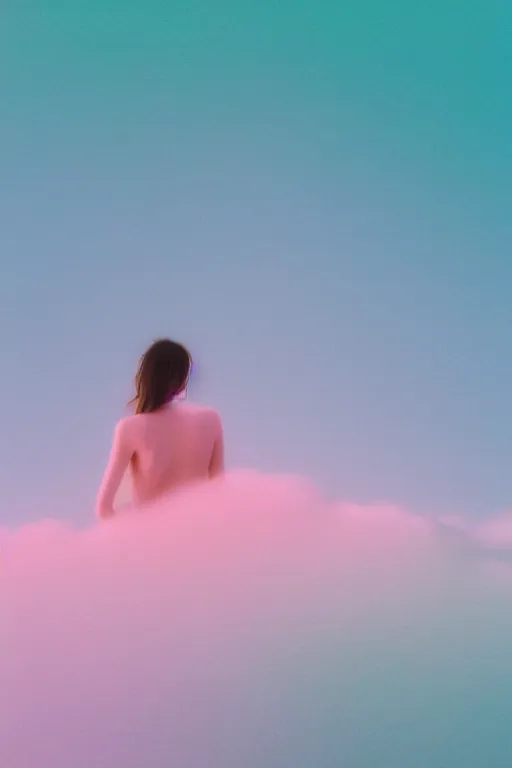 Image similar to high quality pastel coloured film close up wide angle photograph of a model wearing clothing swimming on cloud furniture in a icelandic black rock!! environment in a partially haze filled dreamstate world. three point light, rainbow. photographic production. art directed. pastel colours. volumetric clouds. pastel gradient overlay. waves glitch artefacts. extreme facial clarity. 8 k. filmic.