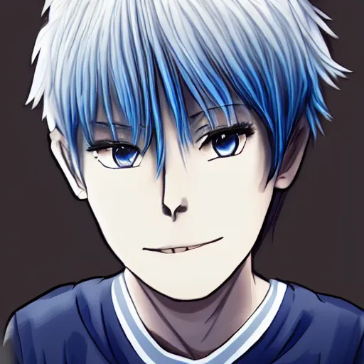 Image similar to anime boy with white hair and blue highlights, drawn by Fungzau