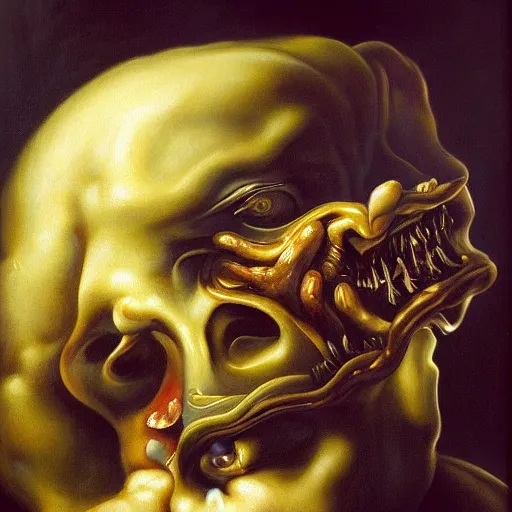 Image similar to refined gorgeous blended oil painting with black background by christian rex van minnen rachel ruysch dali todd schorr of a chiaroscuro portrait of an extremely bizarre disturbing mutated man with shiny skin acne dutch golden age vanitas intense chiaroscuro cast shadows obscuring features dramatic lighting perfect composition masterpiece