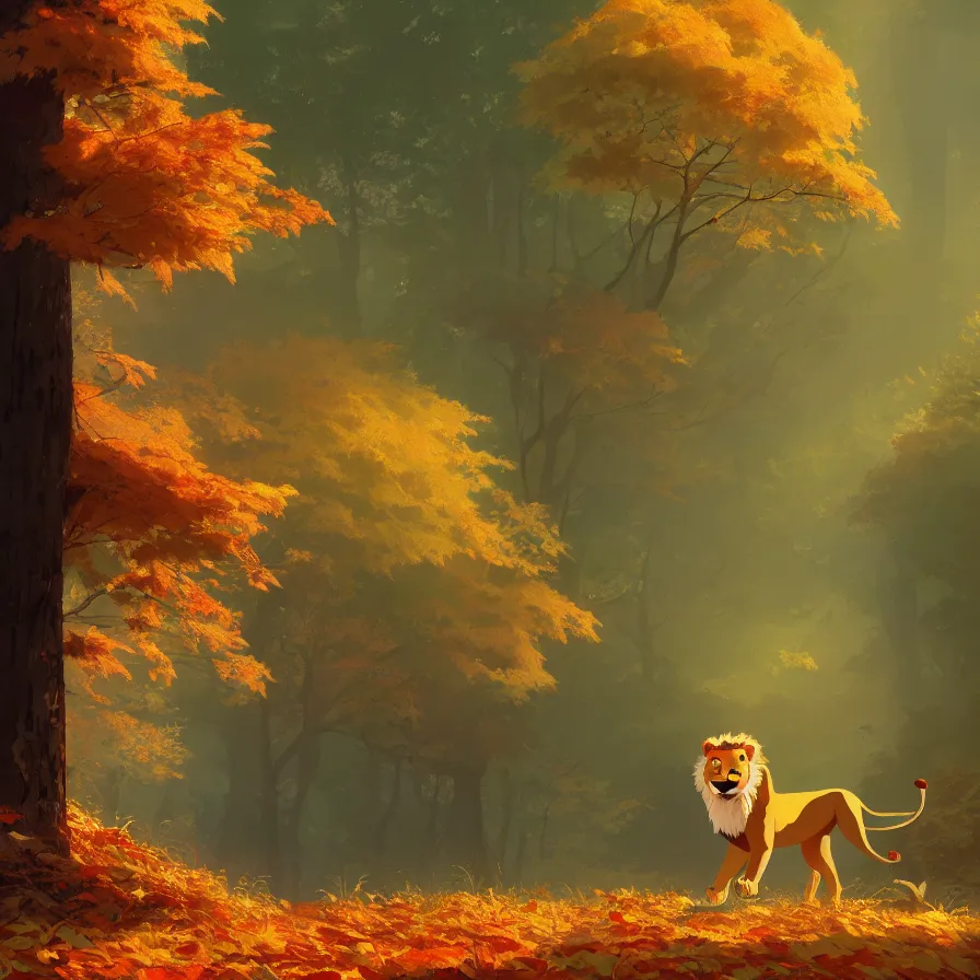 Prompt: Goro Fujita illustrating side view of a lion walking through a beautiful autumn forest, art by Goro Fujita, sharp focus, highly detailed, ArtStation