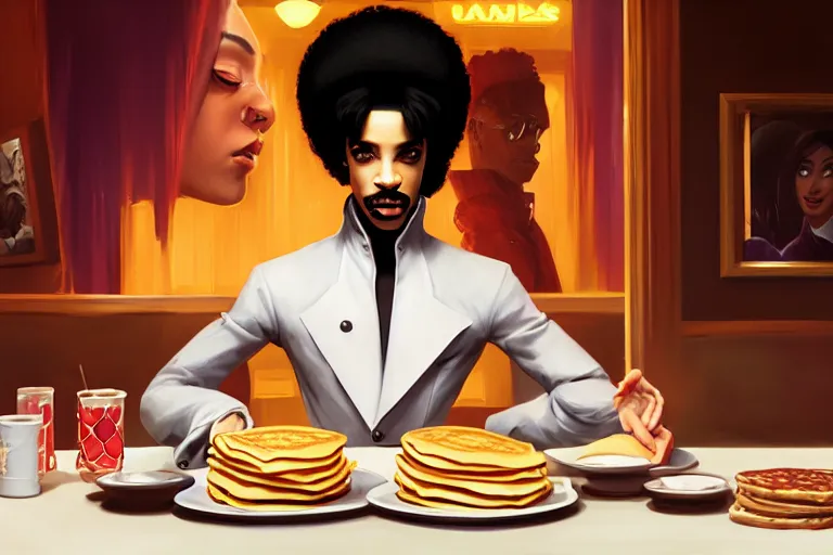 Prompt: portrait of the artist formally known as prince with a plate of pancakes, casino on fire los vegas, charlie bowater, artgerm, ilya kuvshinov, krenz cushart, ruan jia, realism, ultra detailed, 8 k resolution