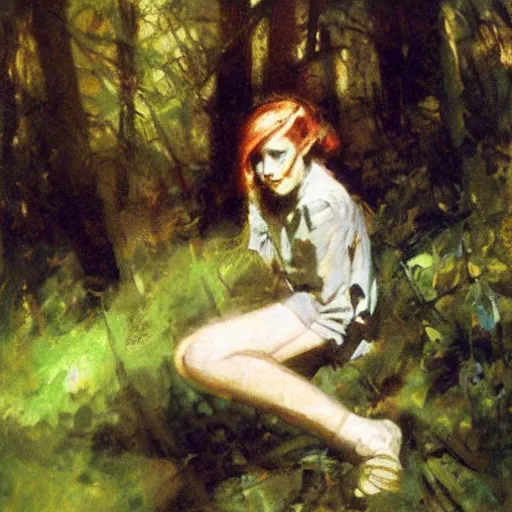 Prompt: young girl lost in a forest, by dean cornwell,