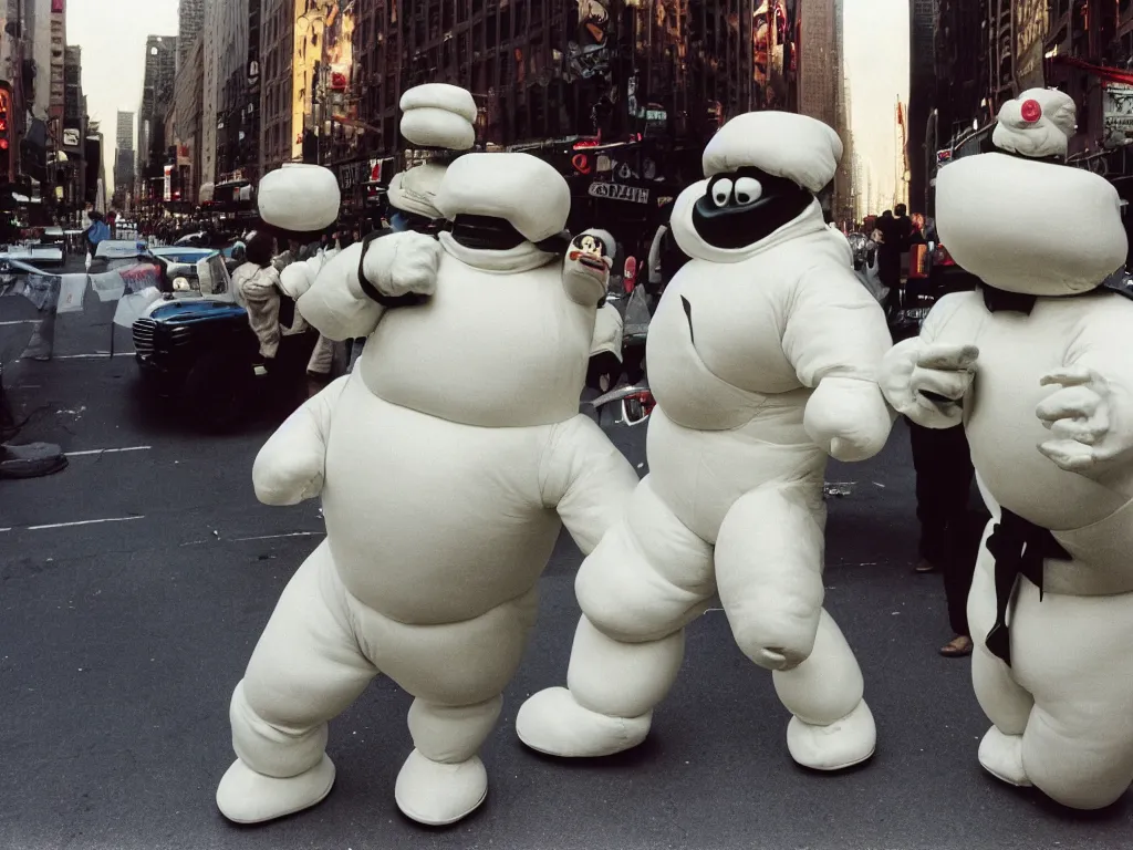 Image similar to 3 5 mm kodachrome colour photography of michelin man and stay - puft marshmallow man dancing in the streets of new york, sun and shadows, taken by harry gruyaert