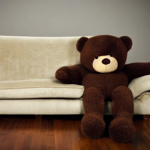 Image similar to a teddy bear with very! very long!!!! legs on a formal couch, 4 k photo