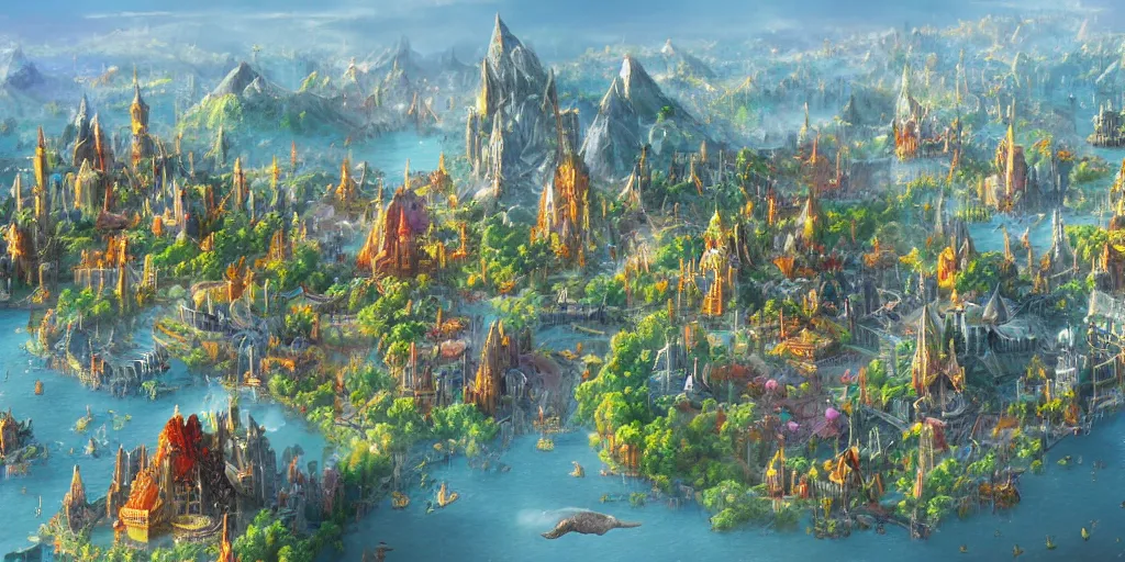 Image similar to City on Bird World, a bright fantasy world inhabited by anthropomorphic birds, a city built into giant trees with distant mountains, fantasy landscape, concept art, matte painting