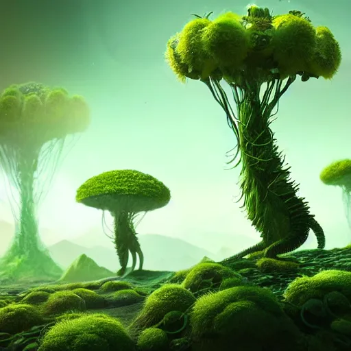 Image similar to a plant creature, plant filaments and flowers, walking on an alien planet with aliens plants, looking at an alien breathtaking landscape, cinematic lighting, concept art, artstation