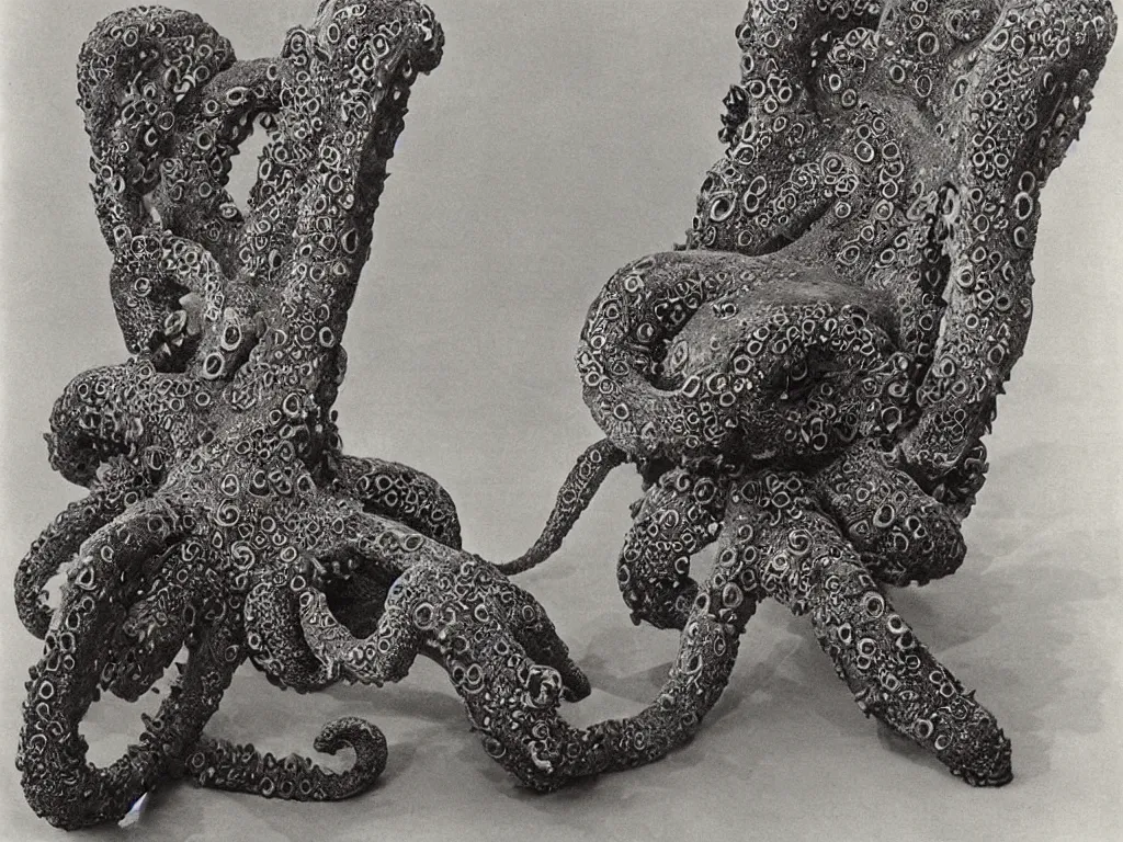 Prompt: flaming gothic stone armchair in the shape of octopus. karl blossfeldt, salvador dali