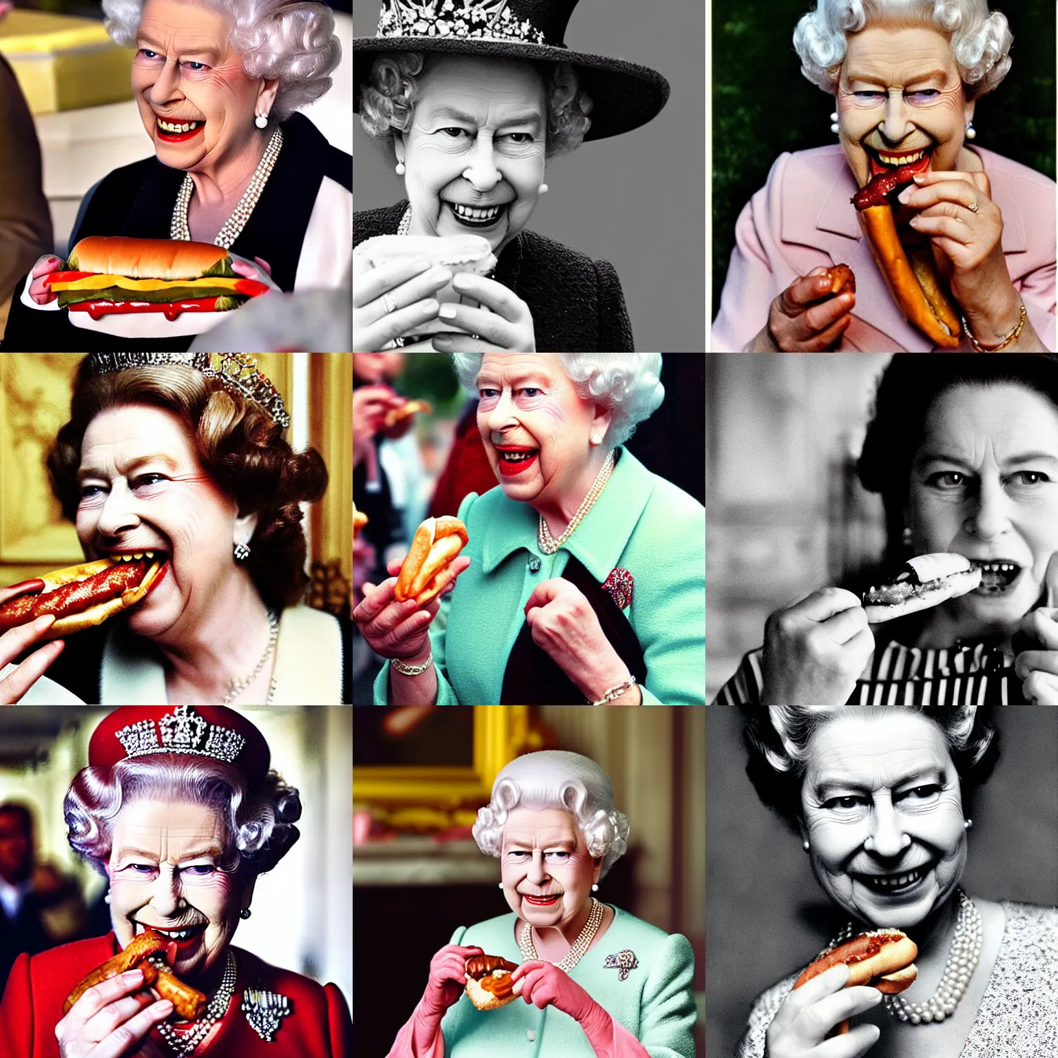 Prompt: queen Elizabeth II eating a delicious hotdog, photography from Vogue Magazine, neat, precise, realistic, detailed facial features, expressive, photorealistic, hyperrealism