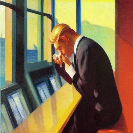 Prompt: a detailed painting, blonde man at a car store, edward hopper,