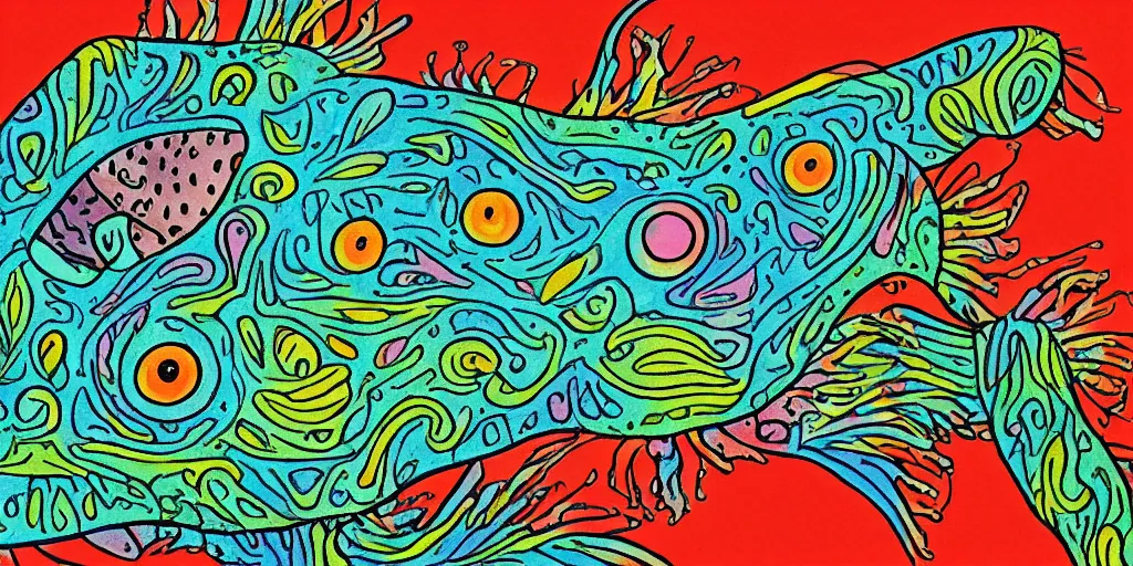 Image similar to the face of an axolotl in the style of louis wain. vivid color. ultra detail.