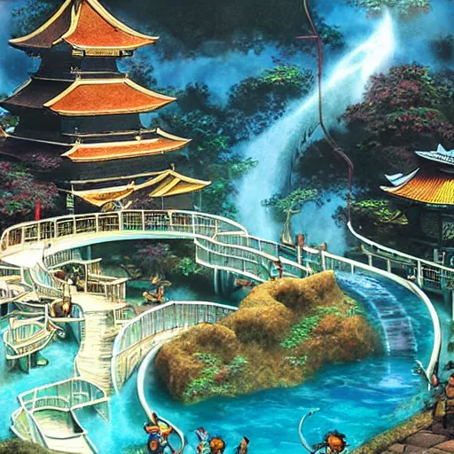 Prompt: feudal japanese waterpark with waterslides painting by brain froud, charles vess, cinematic lighting, epic composition, highly detailed