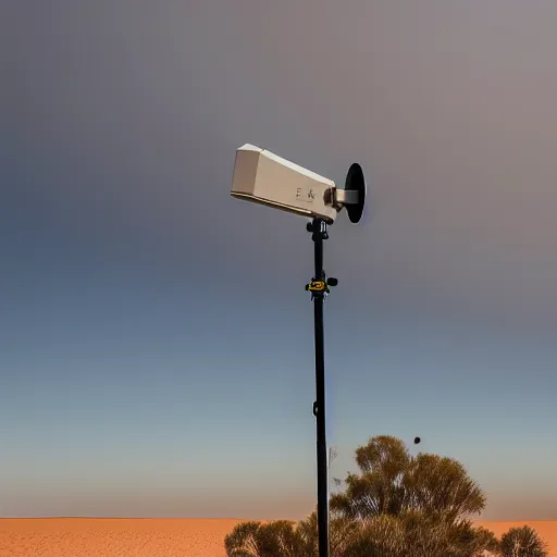 Image similar to peaceful mobile camoflaged rugged weather station sensor antenna on tank treads, for monitoring the australian desert, XF IQ4, 150MP, 50mm, F1.4, ISO 200, 1/160s, dawn