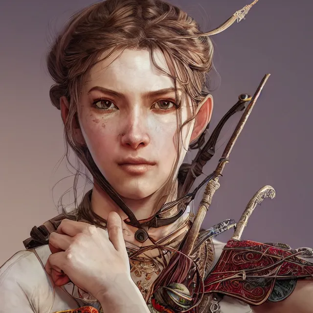 Image similar to the portrait of lawful neutral semi - colorful female archer huntress as absurdly beautiful, gorgeous, elegant, young girl, an ultrafine hyperdetailed illustration by kim jung gi, irakli nadar, intricate linework, bright colors, octopath traveler, final fantasy, unreal engine 5 highly rendered, global illumination, radiant light, detailed and intricate environment