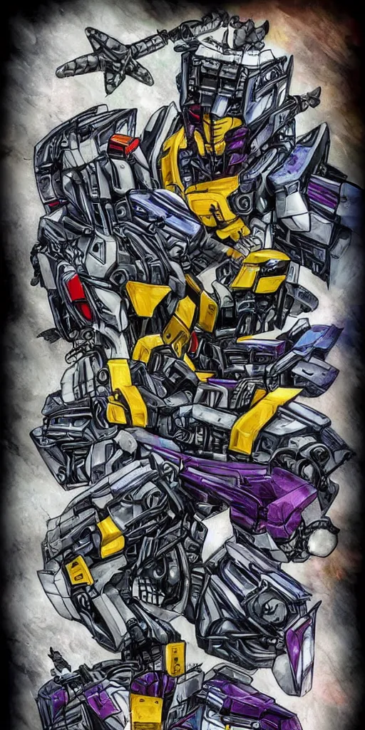 Image similar to decepticon and autobots battle, tribal leg tattoo!!!!!, transformers, skywrap, soundwave, star scream, blitzwing, sunstreaker, sideswipe, intricate, cybertron, cyber punk, lazer blast, sharp, high detailed, high contrast, 1 st winner, trending, polkadot!!! grunge!!!