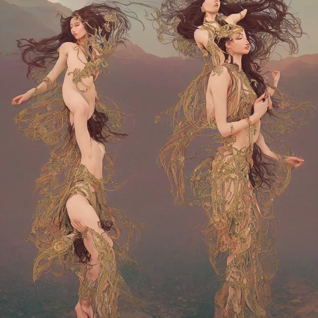 Image similar to seductive goddess dancing in the desert, symmetrical face, fantasy, surreal, intricate and very beautiful and elegant, highly detailed, digital painting, trending on artstation, concept art, smooth and sharp focus, illustration, art by tan zi and ayanamikodon and alphonse mucha and wlop