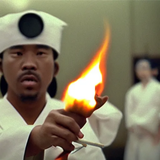 Image similar to cinematic film still of rapper JID starring as a Japanese Sensei with fire, Japanese CGI, VFX, 2003, 40mm lens, shallow depth of field, film photography