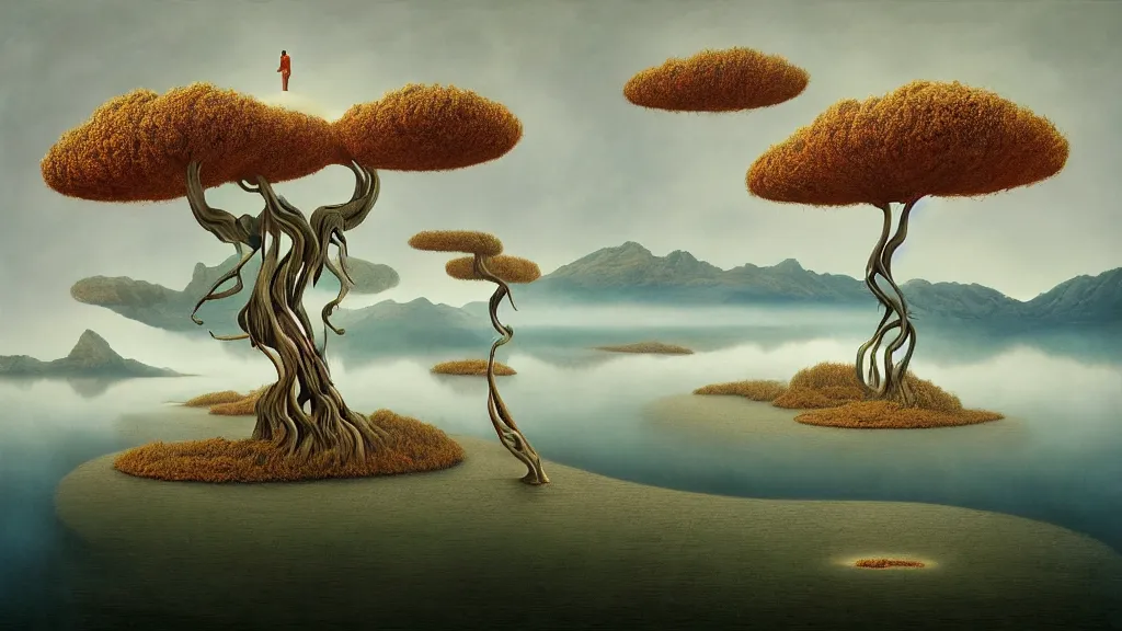 Prompt: surreal landscape, surrealism, symmetrical, whirling trees, lake with waves breaking, esao andrews, victor enrich, dali