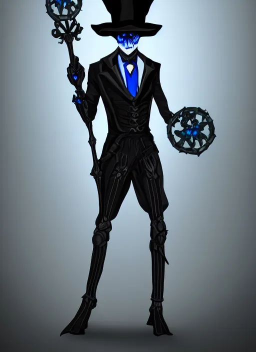 Image similar to DND character art, skeletal male figure, wearing a deep black suit!!! and tie and top hat, holding a gold! cane!, blue flames in background, blue flames