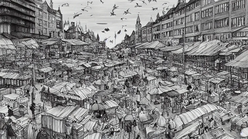 Image similar to a black and white drawing of a busy fish market stretching to the horizon, a storybook illustration by mattias adolfsson, behance contest winner, modern european ink painting, matte drawing, storybook illustration, panoramic, isometric