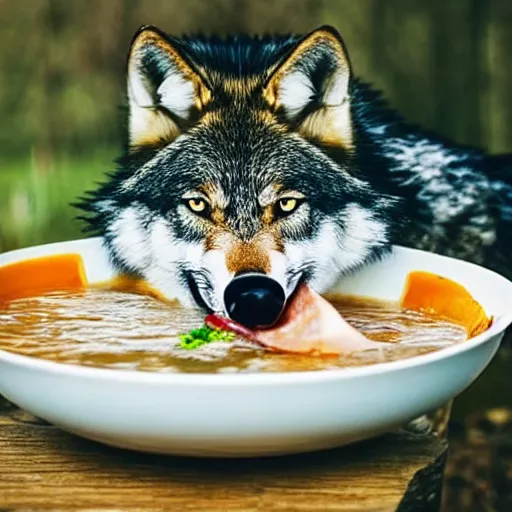 Image similar to photo of a wolf drinking licking soup