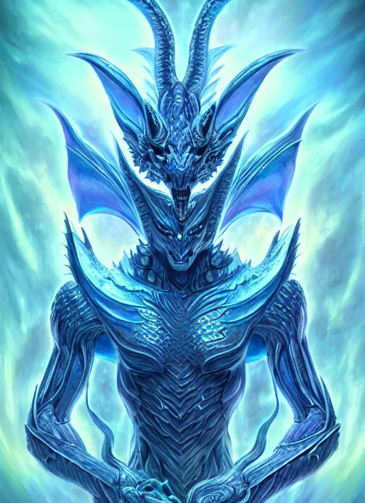 Image similar to muscular and tall blue ghostly fire humanoid dragon!!!! draconian!! intricate ornate iridescent heavy armor!! character concept art, sharp focus, octane render! unreal engine 5! highly rendered!! trending on artstation!! detailed linework!! illustration by artgerm, wlop, and chie yoshii