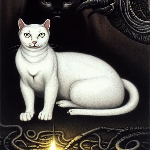 Image similar to white cat, lovecraft, art by hr giger!!!, gustave dore, artstation