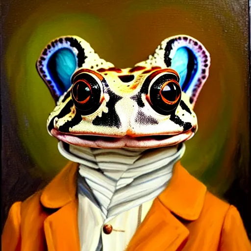 Image similar to a head and shoulders portrait painting of an anthropomorphic!!!!!!!!!! amazon milk frog!!!!!!!!!! wearing a colonial!!!!!!!!!! outfit without a hat looking off camera, a character portrait, romanticism, oil on canvas, visible brushstrokes, intense colors