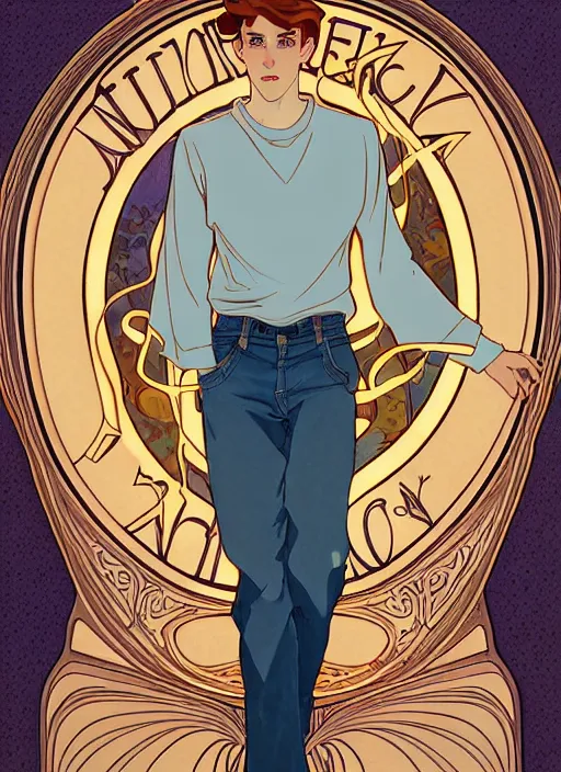 Image similar to well - lit art nouveau portrait of a young man with medium length auburn hair, pale skin, freckles, light blue eyes, casual clothes, natural lighting, path traced, highly detailed, high quality, cartoon, digital painting, by don bluth and ross tran and studio ghibli and alphonse mucha