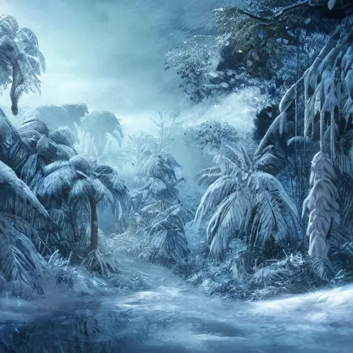 Image similar to Snowy place in the middle of the jungle, 8k, detailed, concept art, trending on artstation