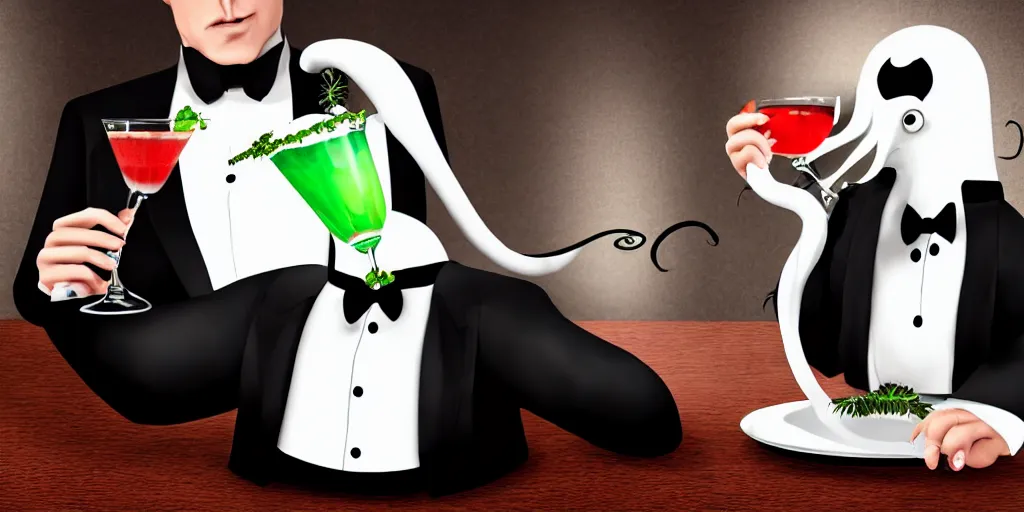 Prompt: A photorealistic C'thulhu wearing a tuxedo drinking a cocktail