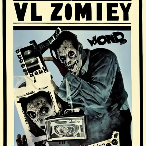 Image similar to old film poster zombie vr, text reads zombie