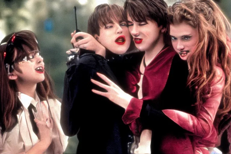 Image similar to film still of two vampires kiss, from john hughes coming - of - age high school comedy about lgbtq vampires in high school