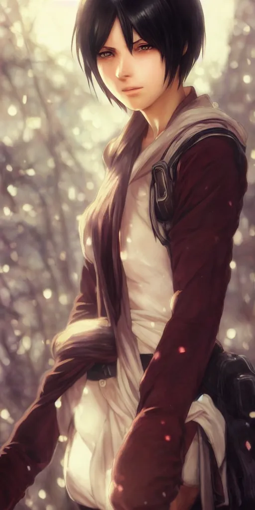 Image similar to mikasa ackerman, hero pose, medium shot, bokeh, beautiful face!!!!, 2 7 years old, cg animation, lifelike, animated, realistic, character select portrait, by artgerm, greg rutkowski, alphonse mucha, 3 d