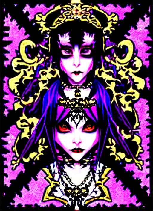 Prompt: baroque bedazzled gothic royalty frames surrounding a pixelsort emo demonic horrorcore japanese beautiful jester visual kei doll, low quality sharpened graphics, remastered chromatic aberration