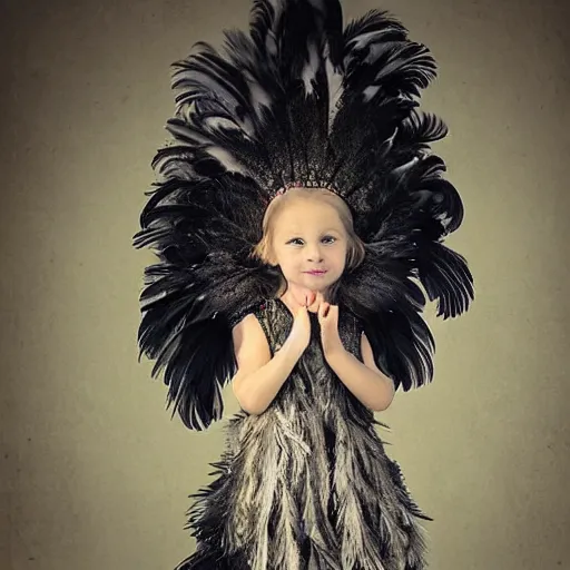 Image similar to little girl wearing an dress made of black feathers, artwork made by ilya kushinov