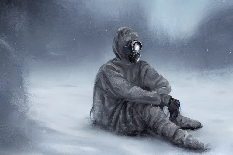 Image similar to ryan church jon mccoy concept art mood painting man wearing grey hazmat suit gas mask sitting against concreate wall snow covered field watching the beautiful winter sunrise