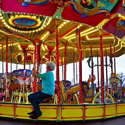 Prompt: A really excited old man riding a merry-go-round carousel at an amusement park, hyperrealism, wide shot