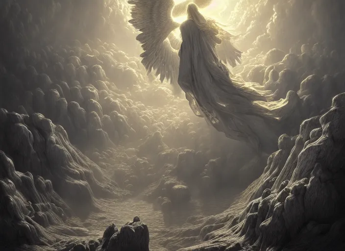 Image similar to heaven and angels, fantasy, dramatic, intricate, elegant, highly detailed, digital painting, artstation, concept art, smooth, sharp focus, illustration, art by Gustave Dore, octane render