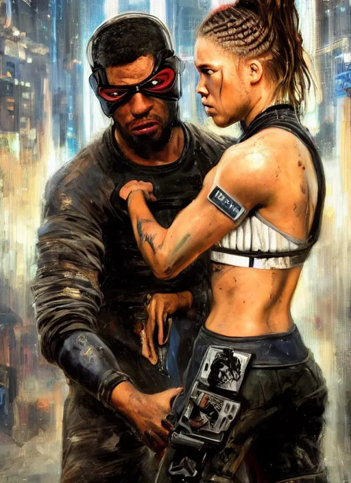 Prompt: ronda rousey vs thug. armbar. cyberpunk mercenary in a cyberpunk jumpsuit ( blade runner 2 0 4 9, cyberpunk 2 0 7 7 ). orientalist portrait by john william waterhouse and james gurney and theodore ralli and nasreddine dinet, oil on canvas. cinematic, hyper realism, realistic proportions, dramatic lighting, high detail 4 k