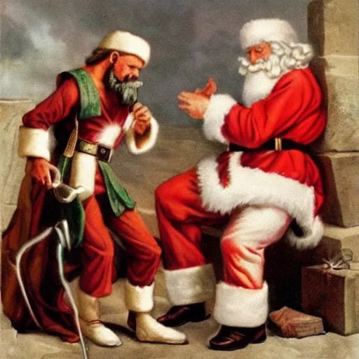 Image similar to Santa Claus vs. Jesus in an epic battle, super bloody battle, to the death