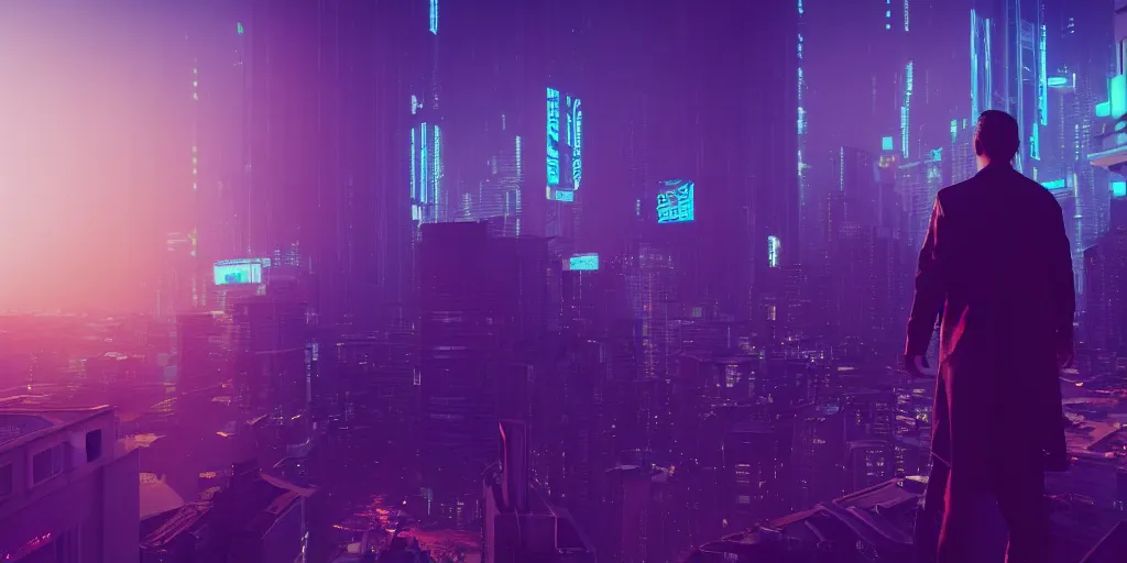 Image similar to a view of a man's back standing on top of a building, with purple - blue style cyberpunk city buildings in the background, volumetric light, cinematic, moody, octane render 4 k, 8 k