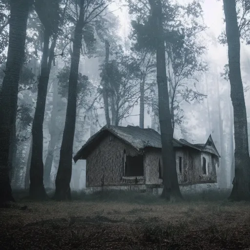 Prompt: house made of bones in a dark forest with mist on the ground